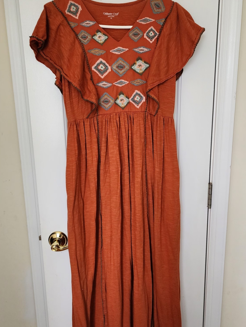 Embroidered Rust Maxi Dress with Ruffle Shoulders